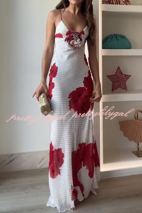 Vanna Poka Dot Floral Print 3D Flower Detail Slip Maxi Dress