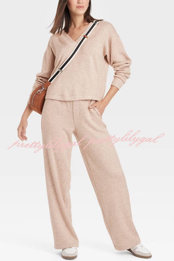 Oatmeal Morning Solid Color V-neck Sweatshirt and Elastic Waist Pocketed Lounge Pants Set