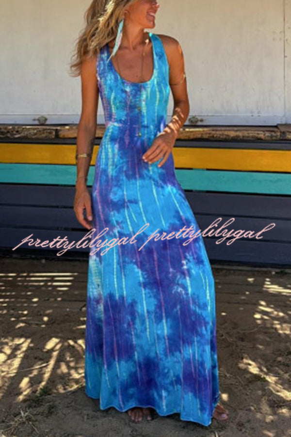 La Bamba Tie-dye Print Back Lace-up Stretch Maxi Dress