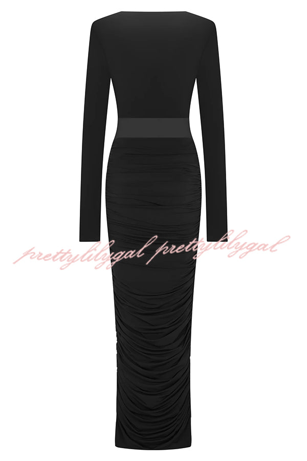 Sexy See-through Long-sleeved V-neck Pleated Slim-fit Maxi Dress