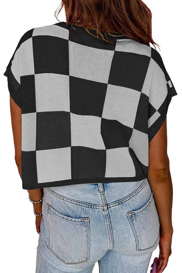 Fashionable Checkerboard Color Block Short-sleeved Loose Sweater