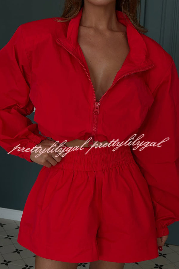 Solid Color Lapel Long-sleeved Loose Zipper Jacket and Elastic Waist Casual Shorts Set