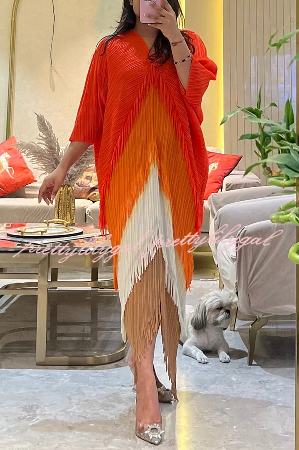 Fashionable Color-blocked Multi-layered Tassel Loose Midi Dress