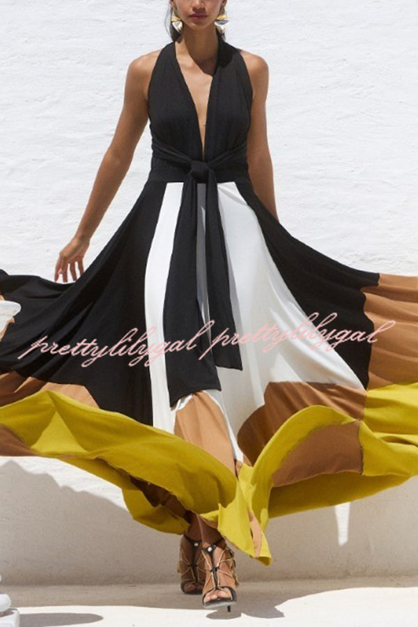 Fashion Colorblock Sexy Backless Tie Waist Full Hem Maxi Dress