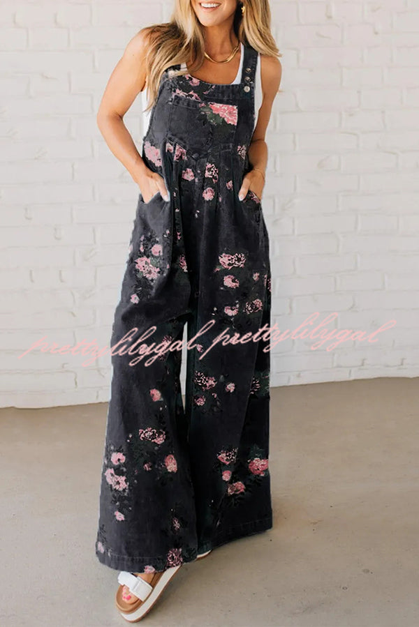 Fashion Floral Print Casual Button Pocket Loose Denim Overalls