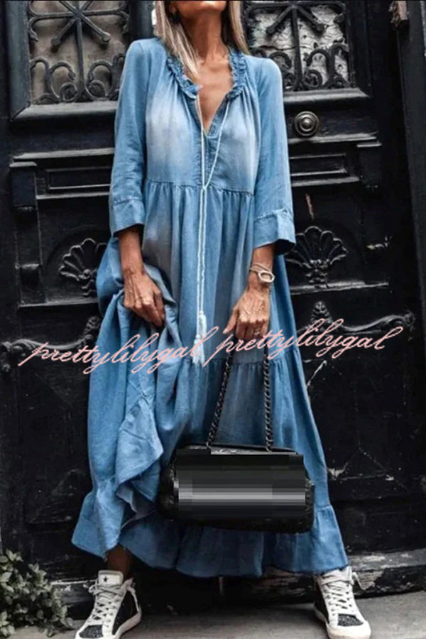 V Neck Long Sleeve Hem Denim Maxi Dress