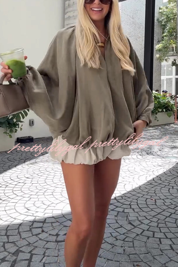 Fashion Lapel Loose Puff Long Sleeve Casual Zipper Jacket