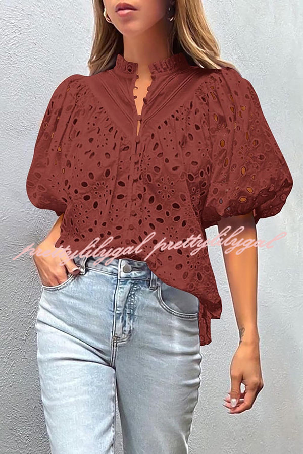 Hollow Embroidered Lace V-neck Buttoned Lantern Sleeve Blouse