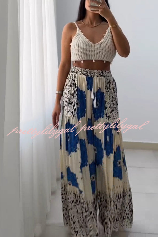 Unique Print Elastic High Waist Tie Pocket Holiday Style Wide Leg Pants