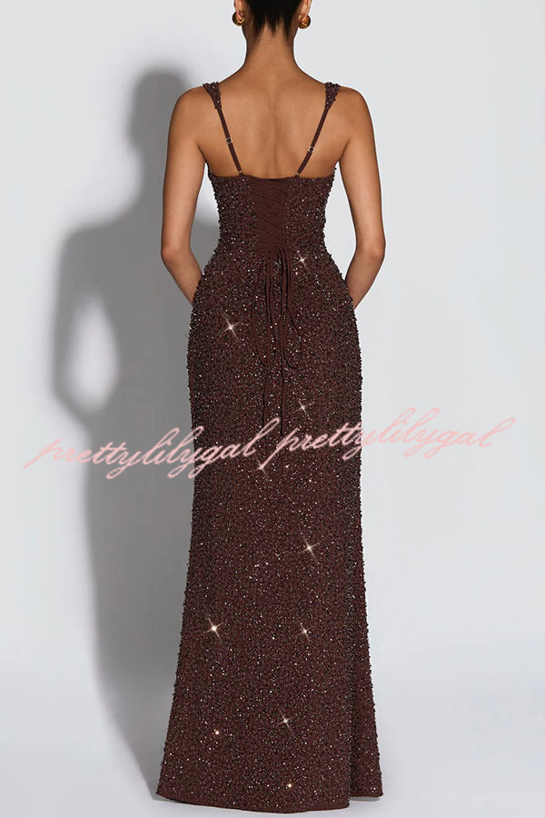 calanthe maxi dress Calanthe Sequin Embellished Chiffon Ruched Square Neck Back Lace-up Maxi Dress
