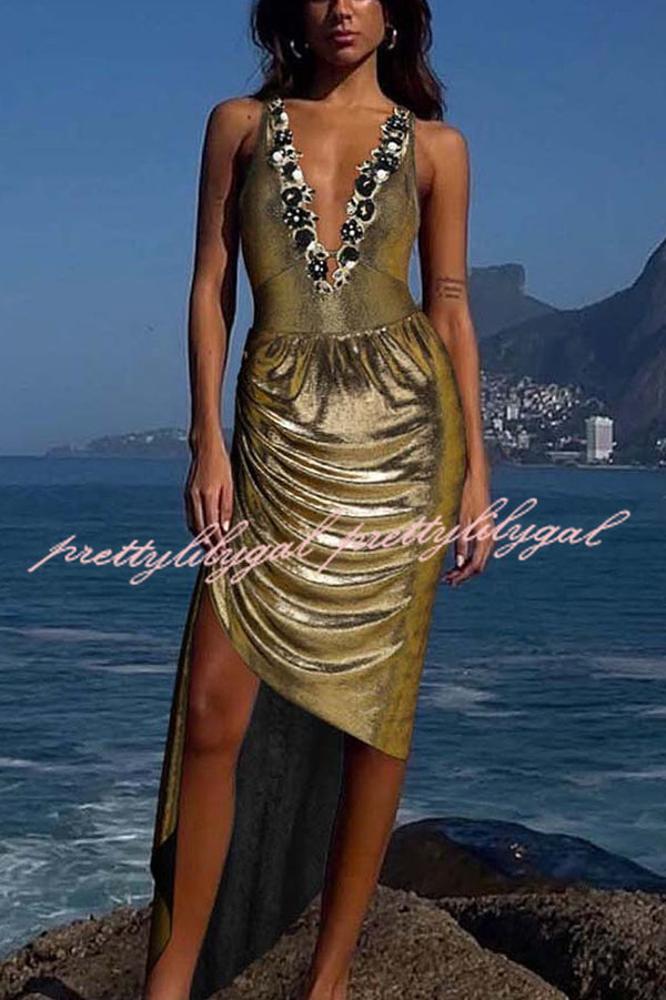 Solid Color Shiny Fabric Deep V Metal Embellished Stretch One-piece Swimsuit