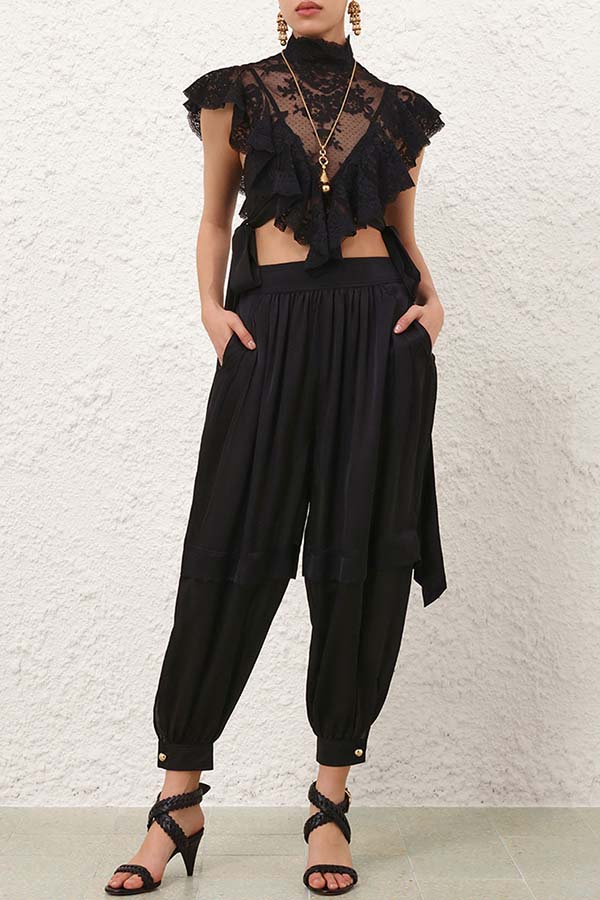 Salenia Lace Appliqué High Neck Side Tie-up Ruffle Cropped Top