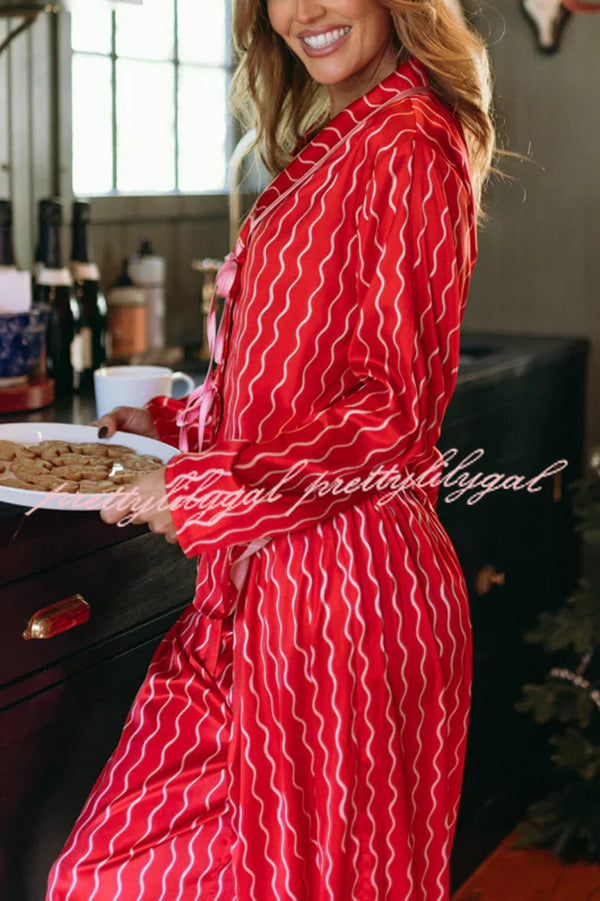 Satin Wave Print Long Sleeve Bow Shirt and Elastic Waist Loose Pants Set