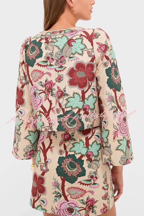 Autumn Garden Printed V-neck Long Bell Sleeve Top and Mid Rise Skirt Set