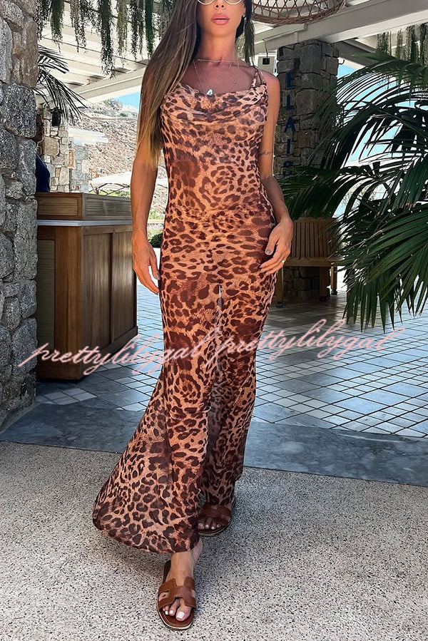 Leopard Print Sexy Strap Holiday Cover Up Maxi Dress