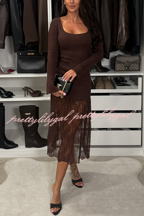 Ellie Ribbed Knit Square Neck Long Sleeve Lace Patchwork Hem Midi Dress