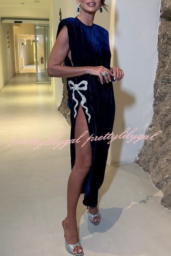 Shaya Velvet Asymmetrical Silhouette One Sleeve Shiny Bow Design Slit Maxi Dress