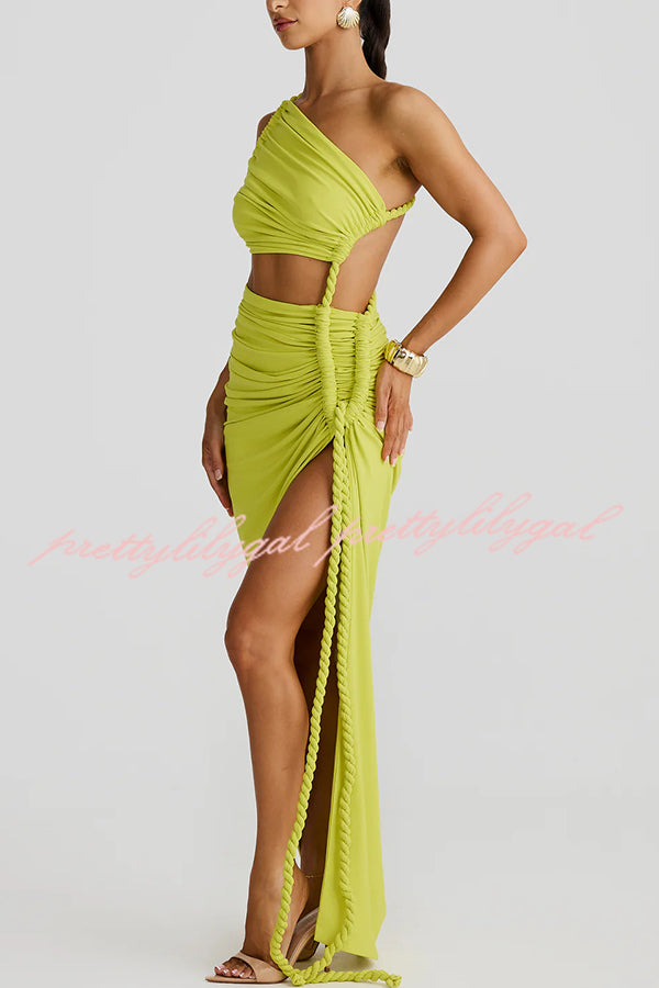 Juliana Rope Detail Ruched One Shoulder Cutout Stretch Maxi Dress