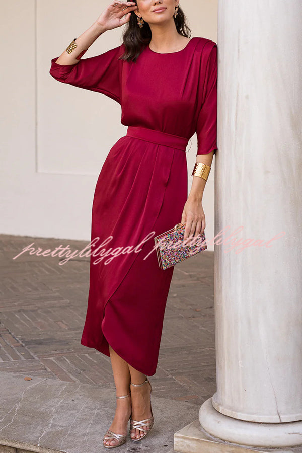 Satin Solid Color Round Neck Half Sleeve Waist Midi Dress