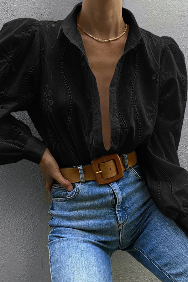 Fashion Hollow Puff Sleeve Casual Lapel Loose Shirt