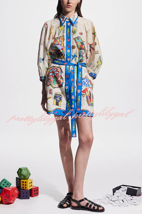 Linen Blend Unique Printed Balloon Sleeve Pocket Tie Waist Mini Dress