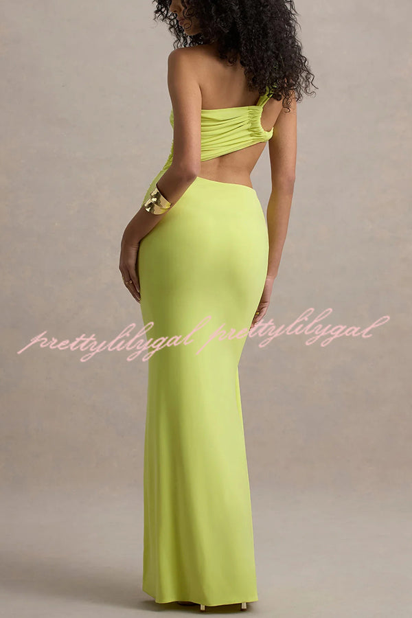 Sexy One-shoulder Backless Ribbon Pleated Slim Maxi Dress