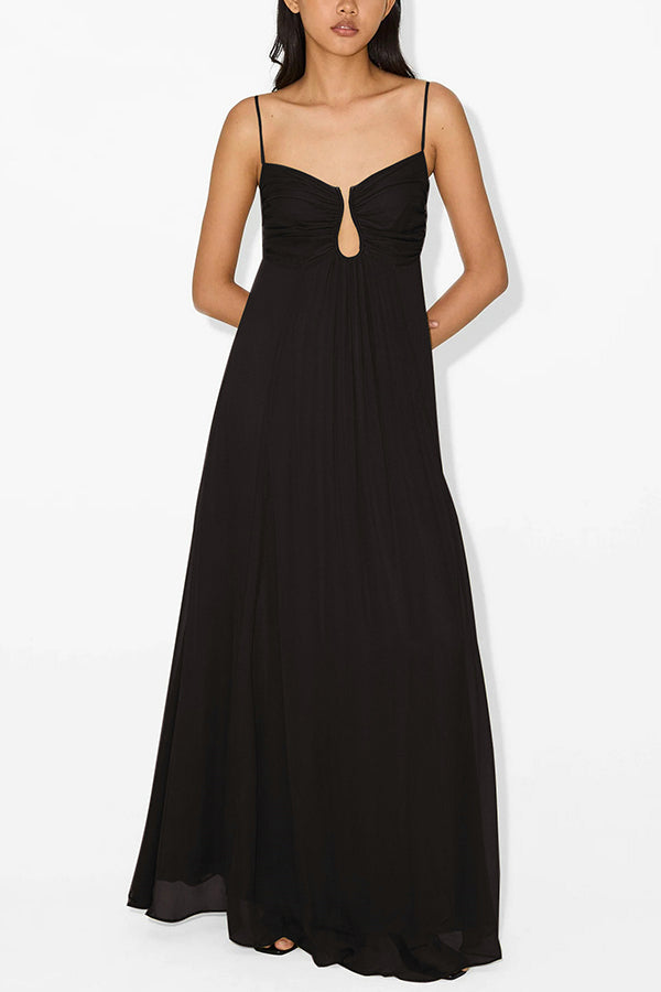 Soft and Elegant Metal Hollow Design Back Smocked A-line Slip Maxi Dr   prettylilygal