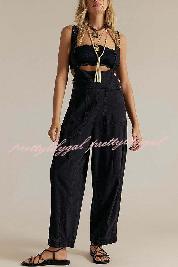 Fashionable Casual Side Pocket Button Loose Denim Overalls