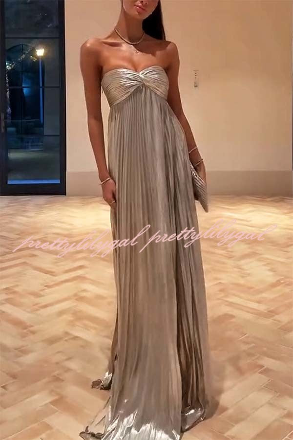 Night Elf Metallic Fabric Pleated Off Shoulder Twist Bust Slit Maxi Dress
