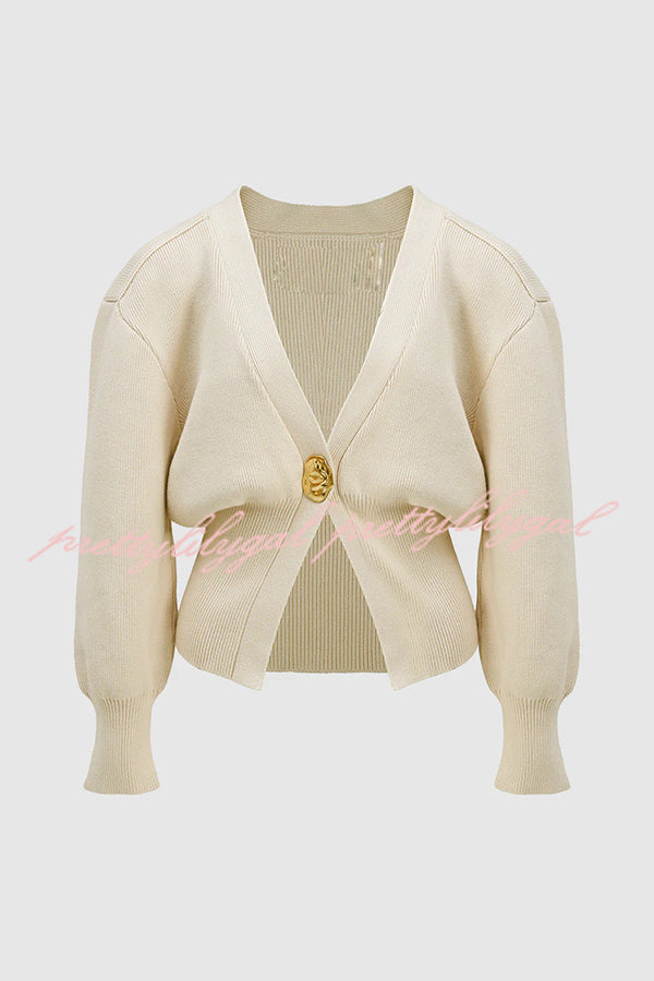 Only Yours Knit Metal Leaf Shape Button Lantern Sleeve Relaxed Cardigan