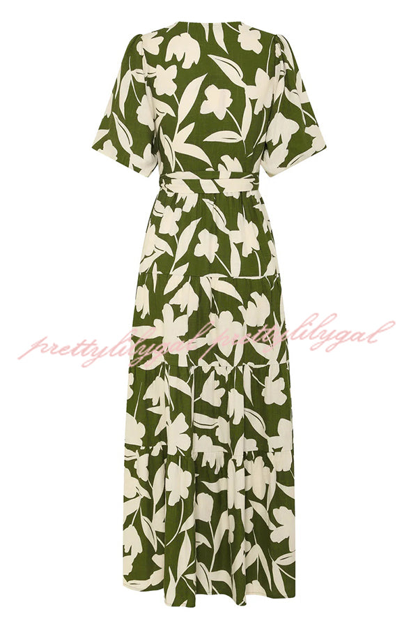 Unique Printed V-neck Puff Sleeves Tie Waist Midi Dress