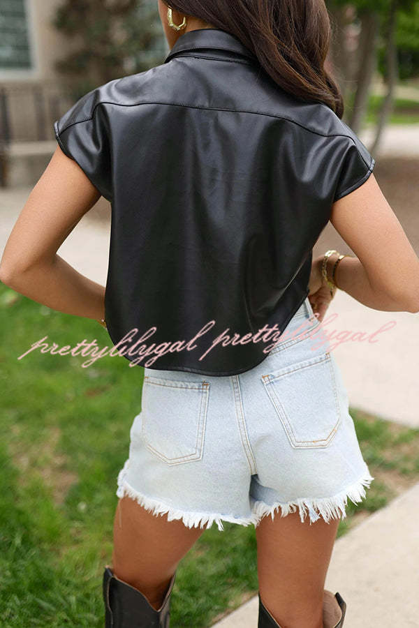 Fashion Faux Leather Pocket Sleeveless Cropped Jacket