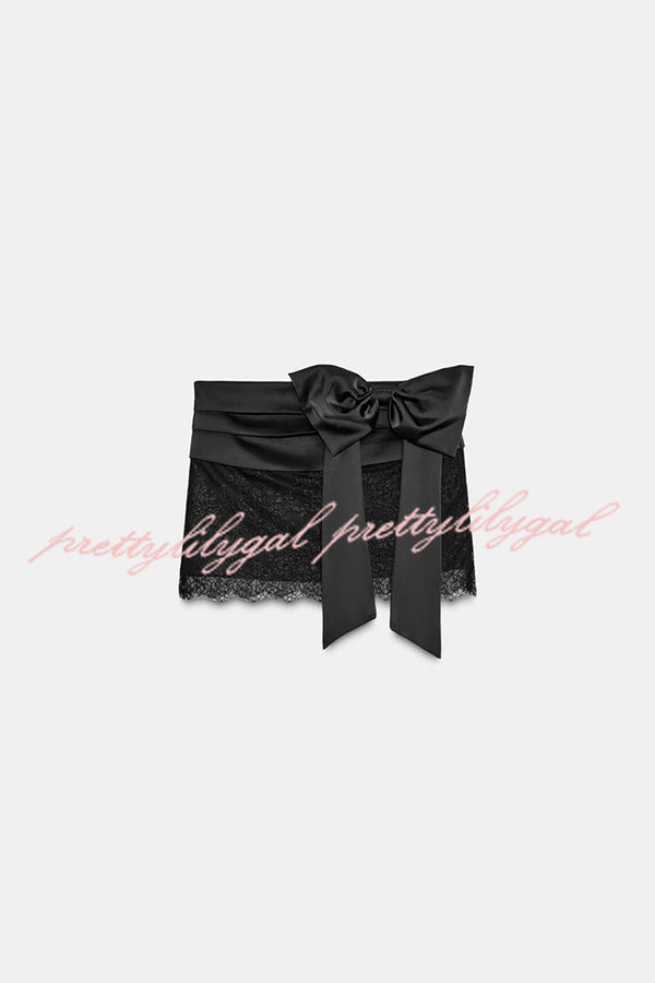 Anna Satin Bow Appliqué Mid Rise Lace Hem Mini Skirt