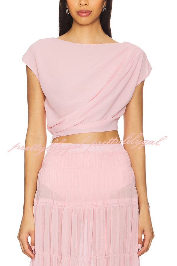 Stunning Chiffon Ruched Shoulder Short Sleeve Crop Top