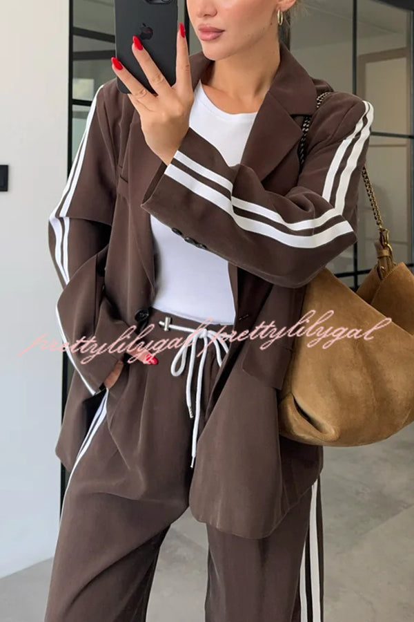 Levvie Striped Trim Long Sleeve Lapel Blazer and Rope Belt Pocketed Wide Leg Pants Set