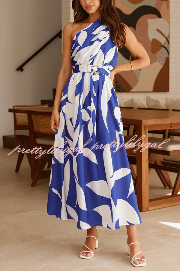 Unique Print Sleeveless One Shoulder Belted Maxi Dress