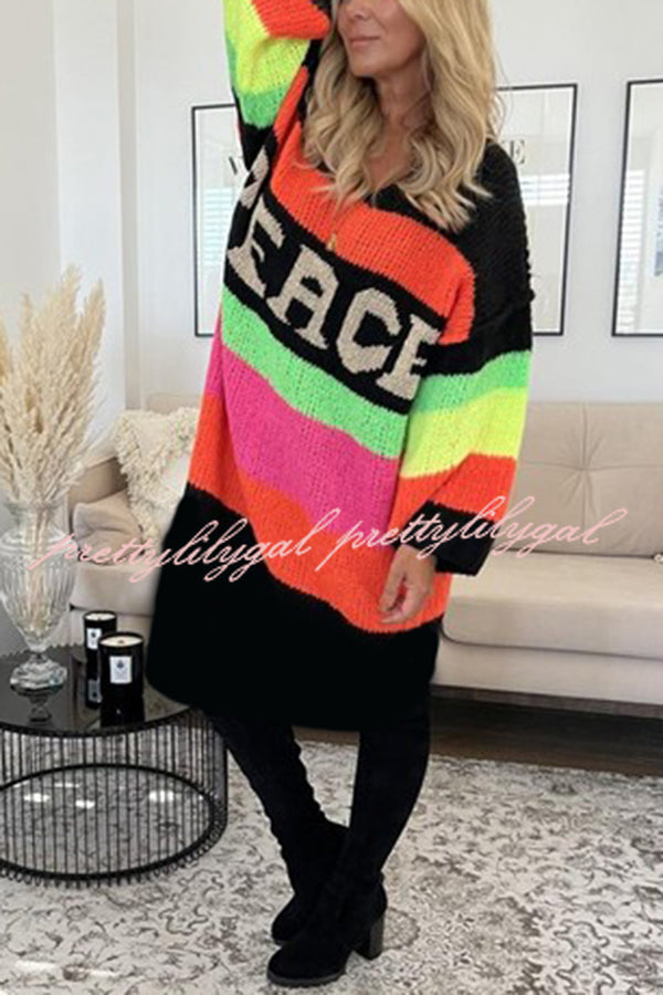 True Faith Knit Peace Pattern Color Blocks Loose Midi Sweater Dress