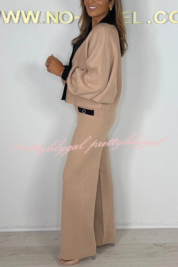 Fashion Contrast Color V-neck Loose Cardigan and Elastic Waist Casual Pants Set