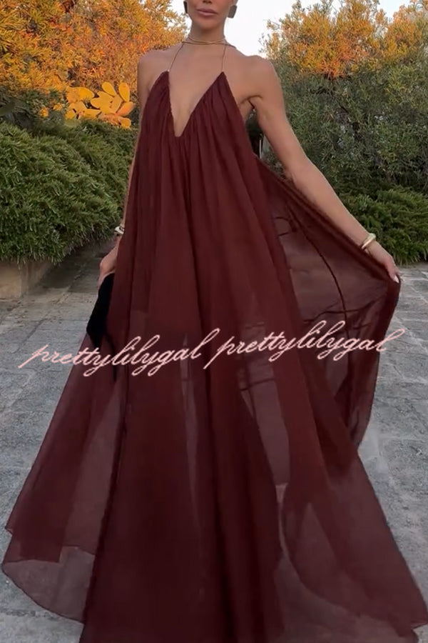 Flowing Lightweight Chiffon Chain Halter Neck Detail Backless A-line Maxi Dress