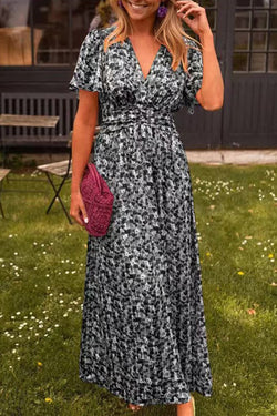 Floral Print V-Neck Short Sleeve Waist Maxi Dress