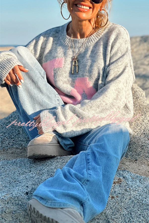 Letter Pattern Crew Neck Long Sleeve Loose Knit Sweater