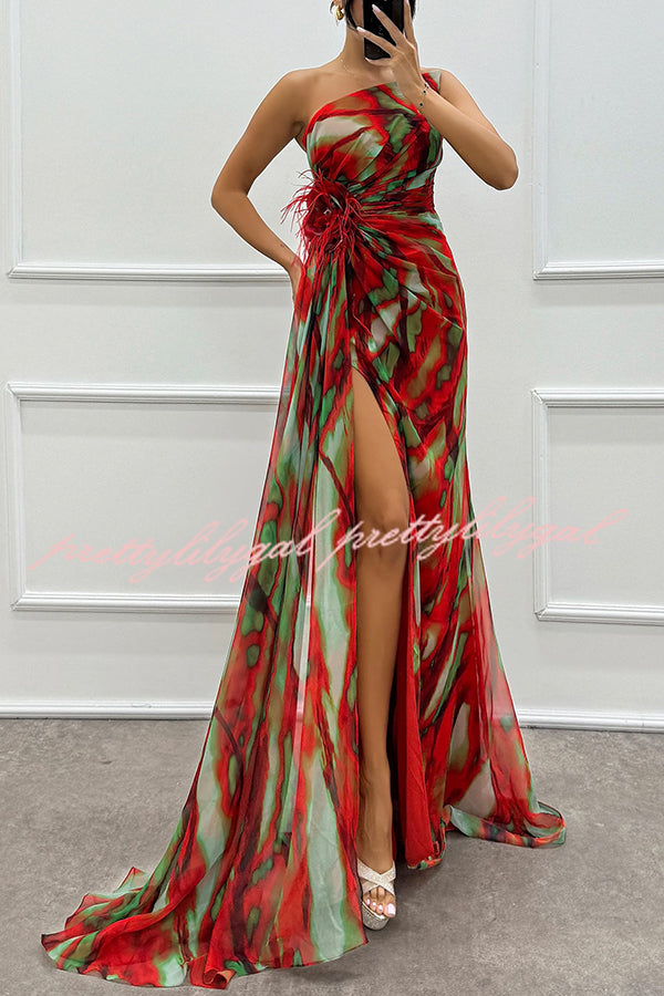 Amazing Views Watercolor Print Feather Rose Detail Off Shoulder Pleated Slit Maxi Dress