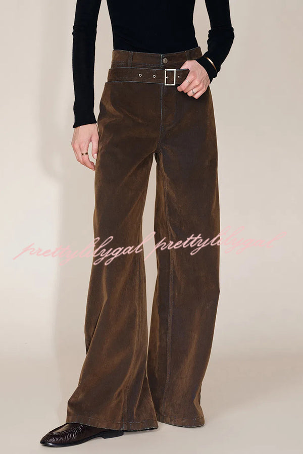 Taylor Denim Mid Rise Detachable Belt Flocked Pocket Wide Leg Jeans