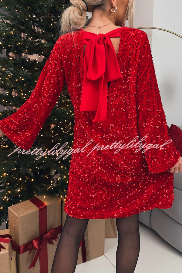 Velvet Sequin Back Bow Bell Sleeves Loose Mini Dress