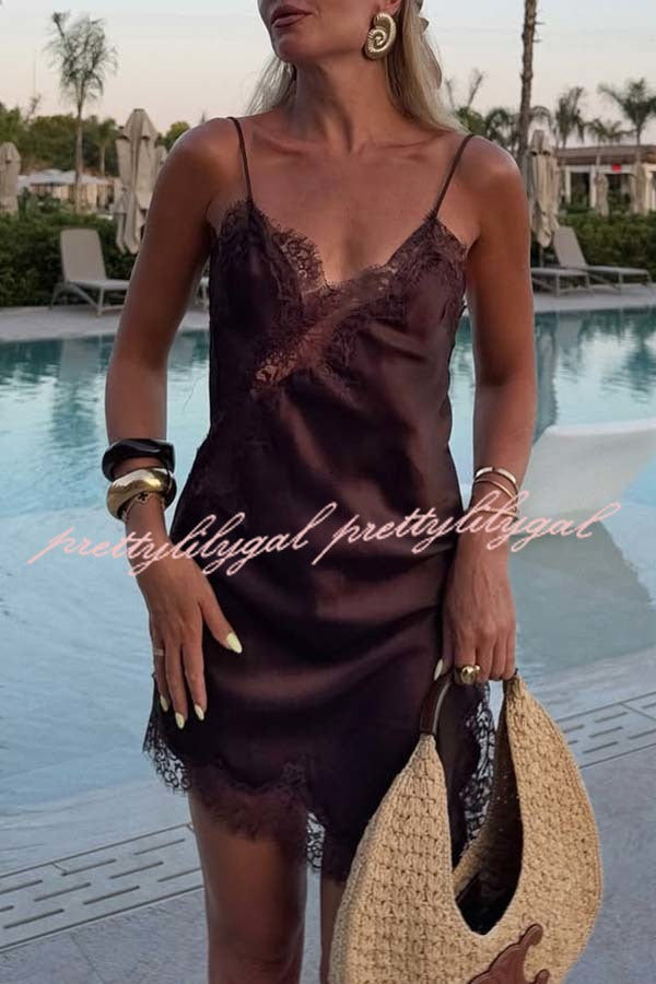 Elouise Satin Lace Trim V-neck Asymmetrical Hem Slip Mini Dress