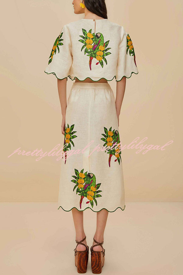 Parrot Print Round Neck Loose Crop Top and Elastic Waist Pocket Casual Midi Skirt Set