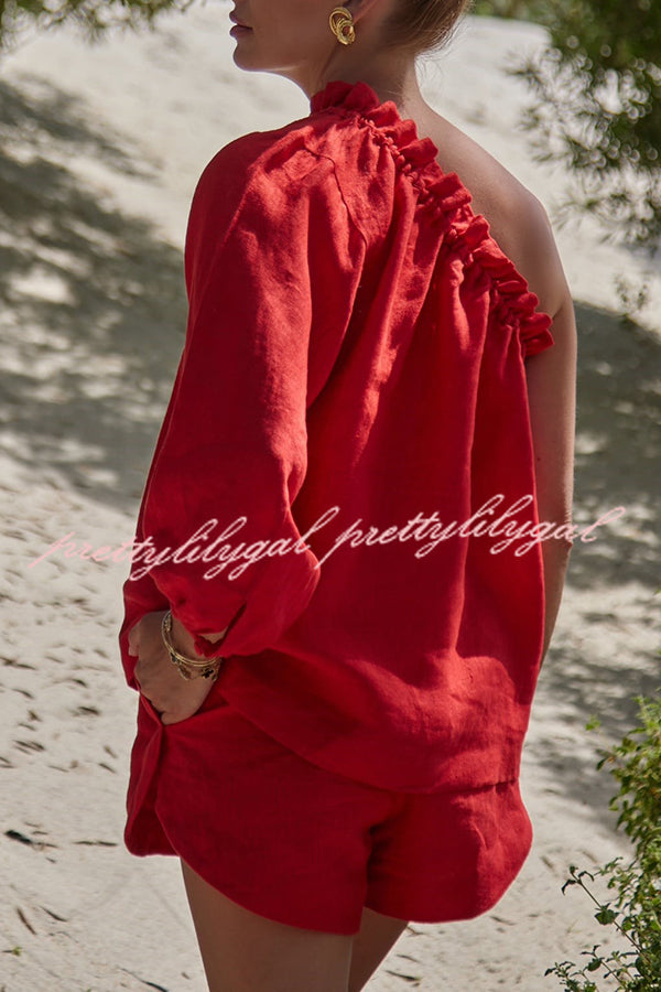 Chasing Comfort Linen Blend One Shoulder Top and Elastic Waist Pocket Shorts Set