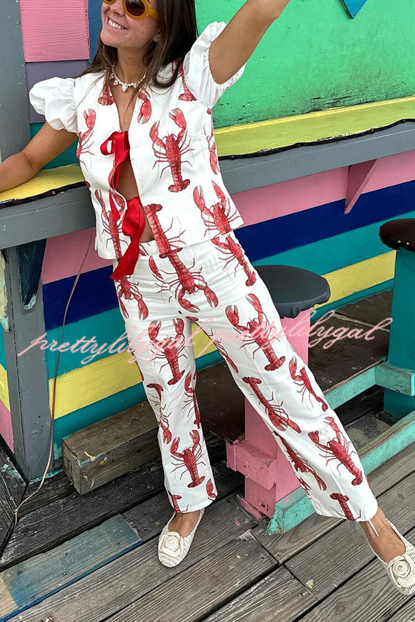 Fun Vacation Lobster Print High Rise Straight Pants