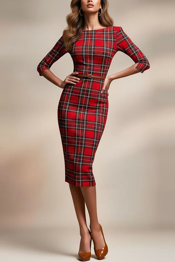 Plaid Print Half Sleeves Fitted Elegant Midi Dress prettylilygal Plaid Print Half Sleeves Fitted Elegant Midi Dress prettylilygal