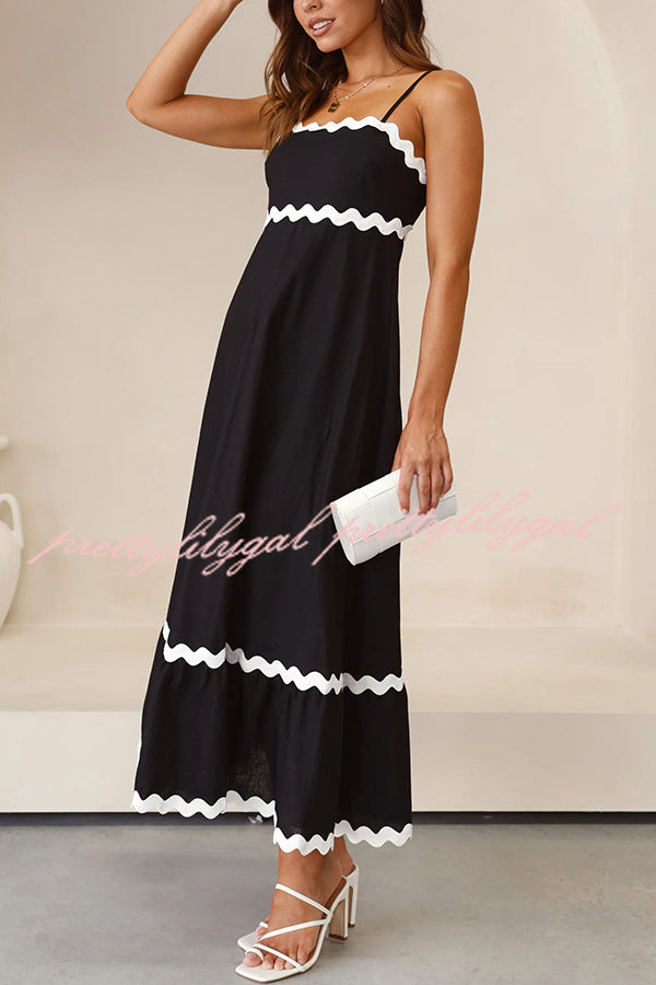 Bayside Beauty Wave Trim Patchwork Back Smocked Suspender Maxi Dress